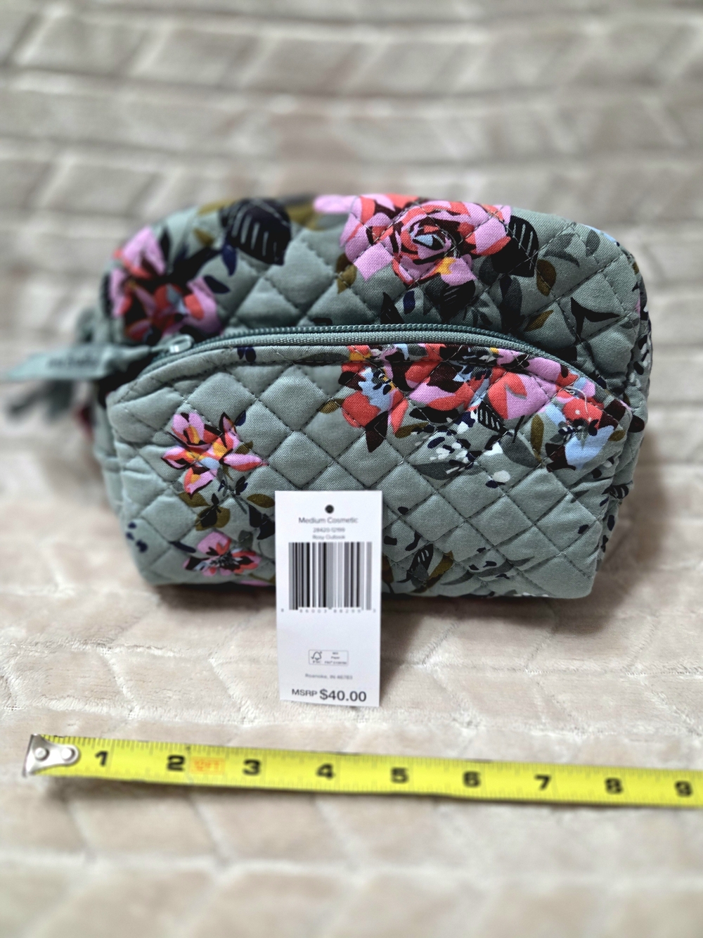 NWT Vera Bradley Quilted Floral Cosmetic Bag in Sage Green with Pink Accents